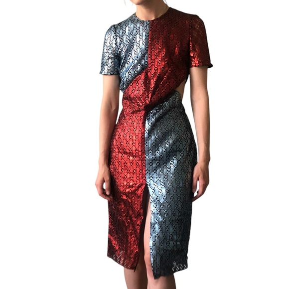 Marco De Vincenzo *CUSTOM DESIGNER* RUNWAY Red Blue Metallic Midi Cocktail Dress - Picture 4 of 16
